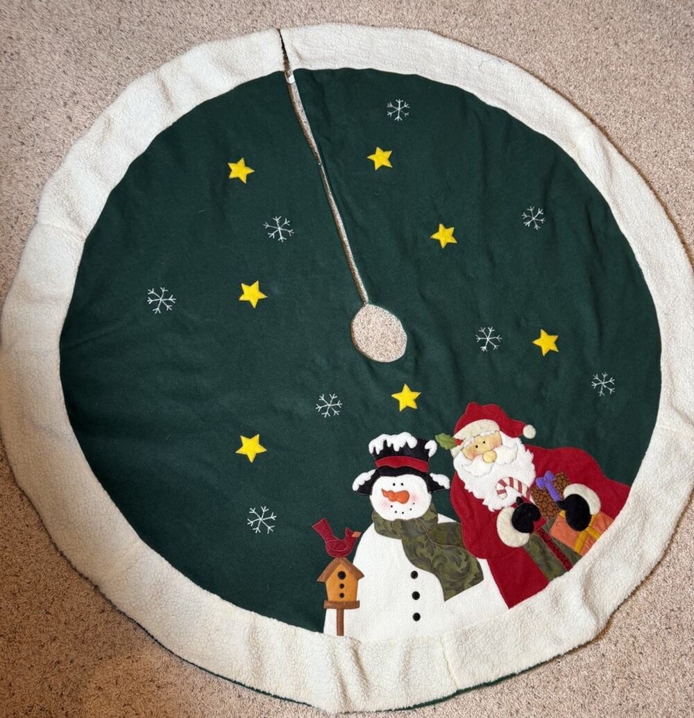 Green Felted Christmas Tree Skirt Santa Snowman Bird 47” Country Cottagecore 3D